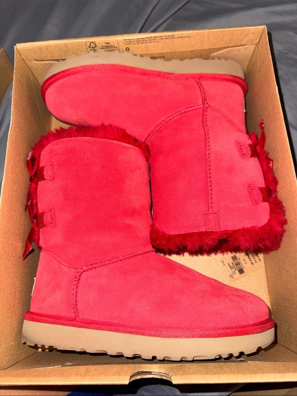UGG Women's Red Suede Mid-Calf Winter Boots with Fur Trim